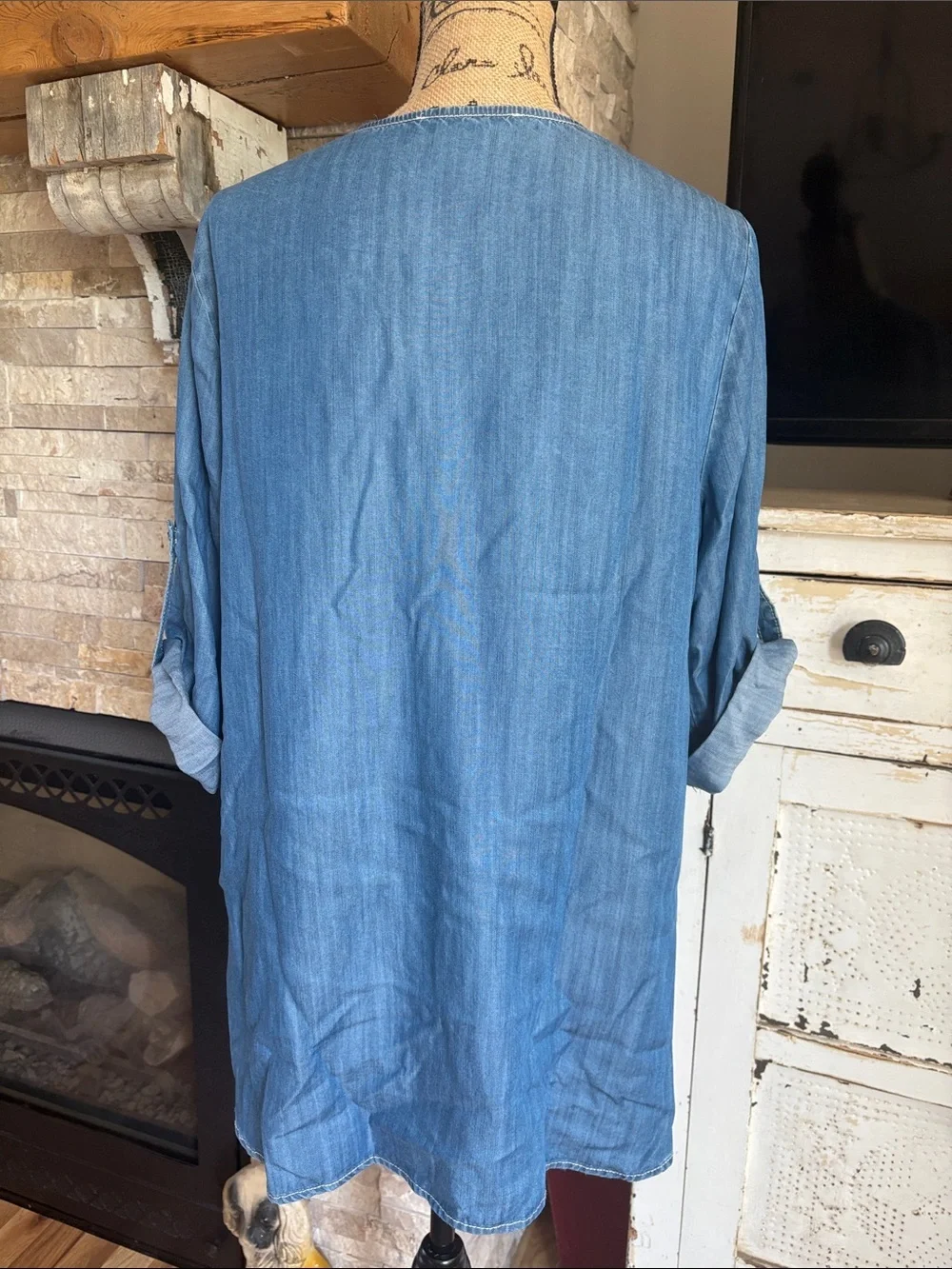 Karen by Karen Kane chambray tunic top brown lace-up v-neck and roll tab sleeves